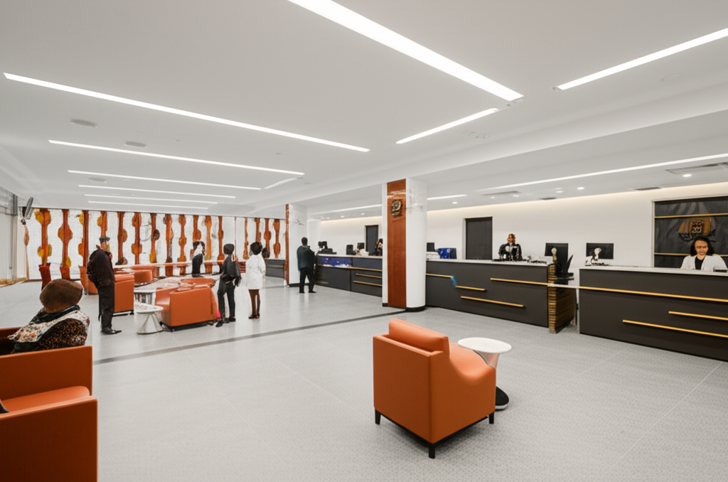 Modern and secure bank interior or facade, possibly with subtle Namibian cultural design elements, conveying trust and professionalism.