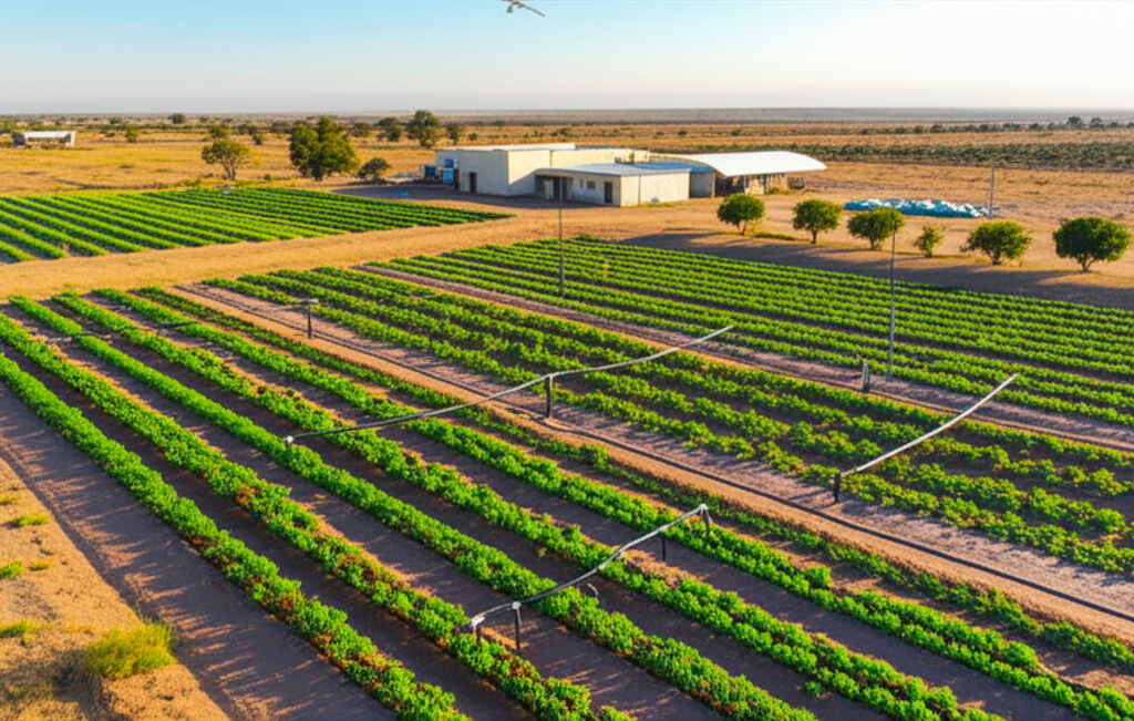 Drone view of diverse, thriving farmlands with modern irrigation systems